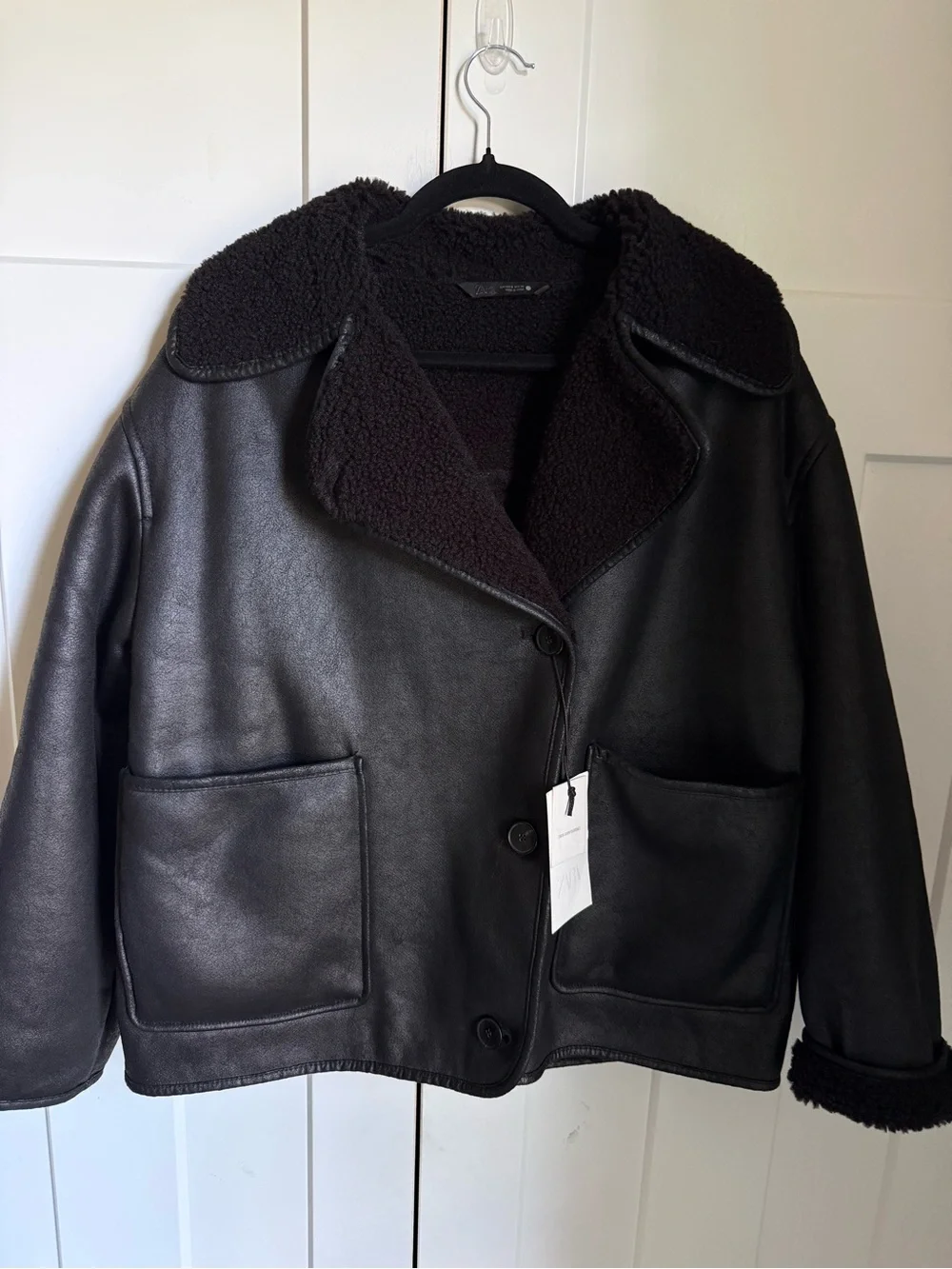 NWT Zara ZW Collection double-faced jacket with plush faux shearling collar. S